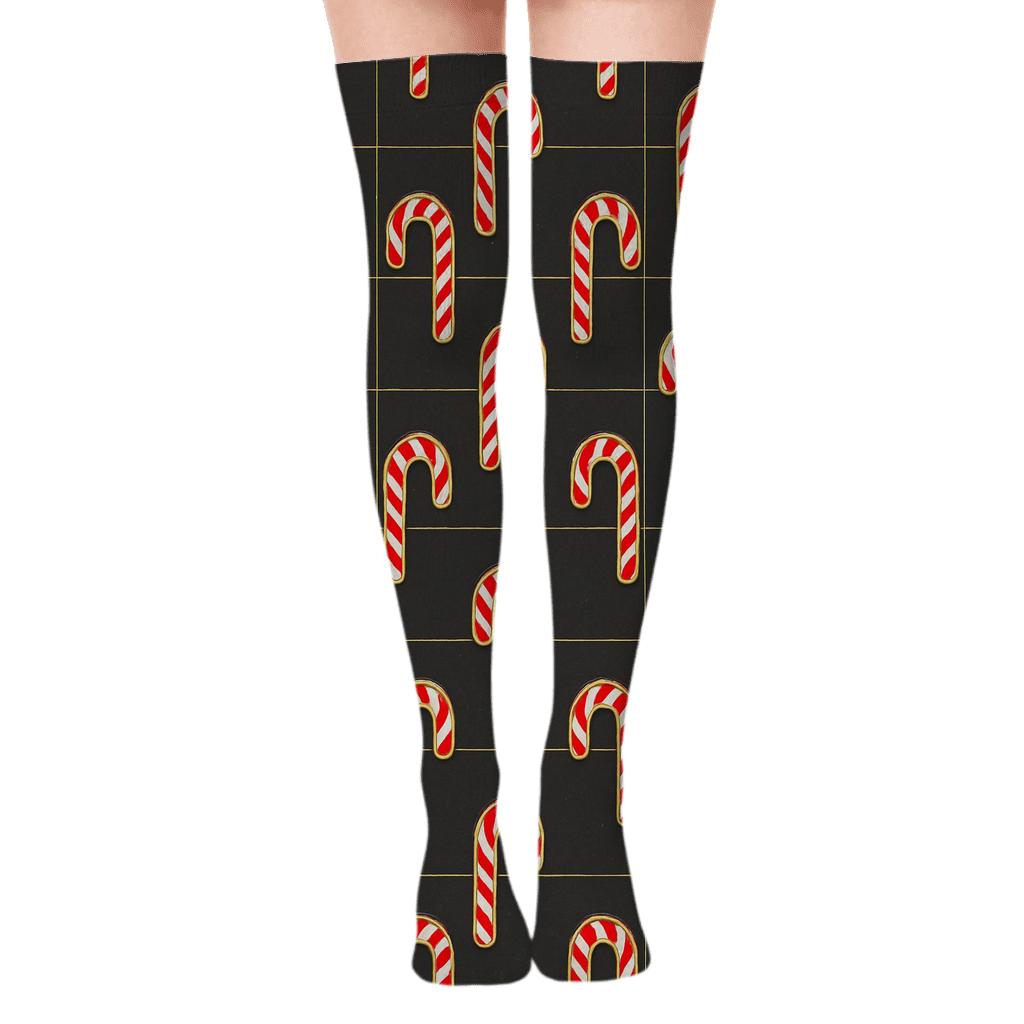 Elegant Holiday Chic Grid, Candy Canes As Gold Foil Outlines custom over-the-knee socks