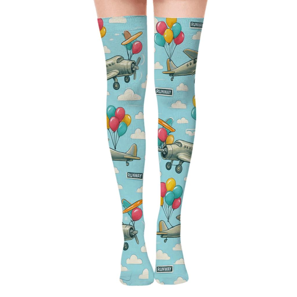 Airplane Balloon Race Collage Tiles comfortable cotton over-the-knee socks
