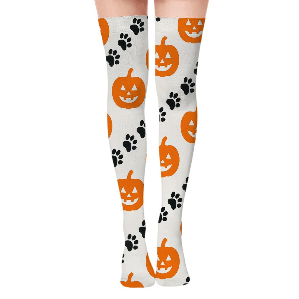 Black Cat And Pumpkin Footprint Trail On White Background comfortable cotton over-the-knee socks