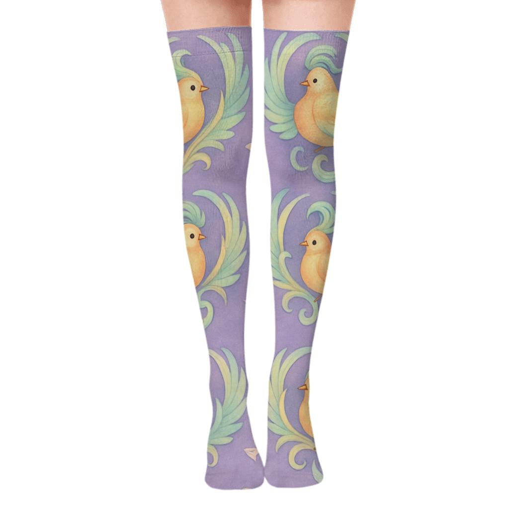 Fantasy Songbird Crest Medallions On Lavender Background designer print over-the-knee socks