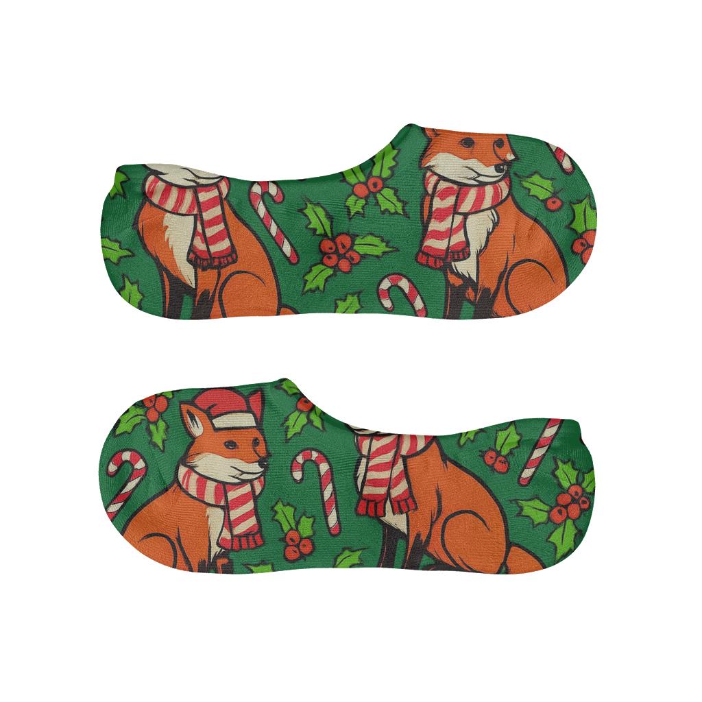 Candy Cane Foxes Diagonal Twill On Pine Green Background comfortable invisible socks