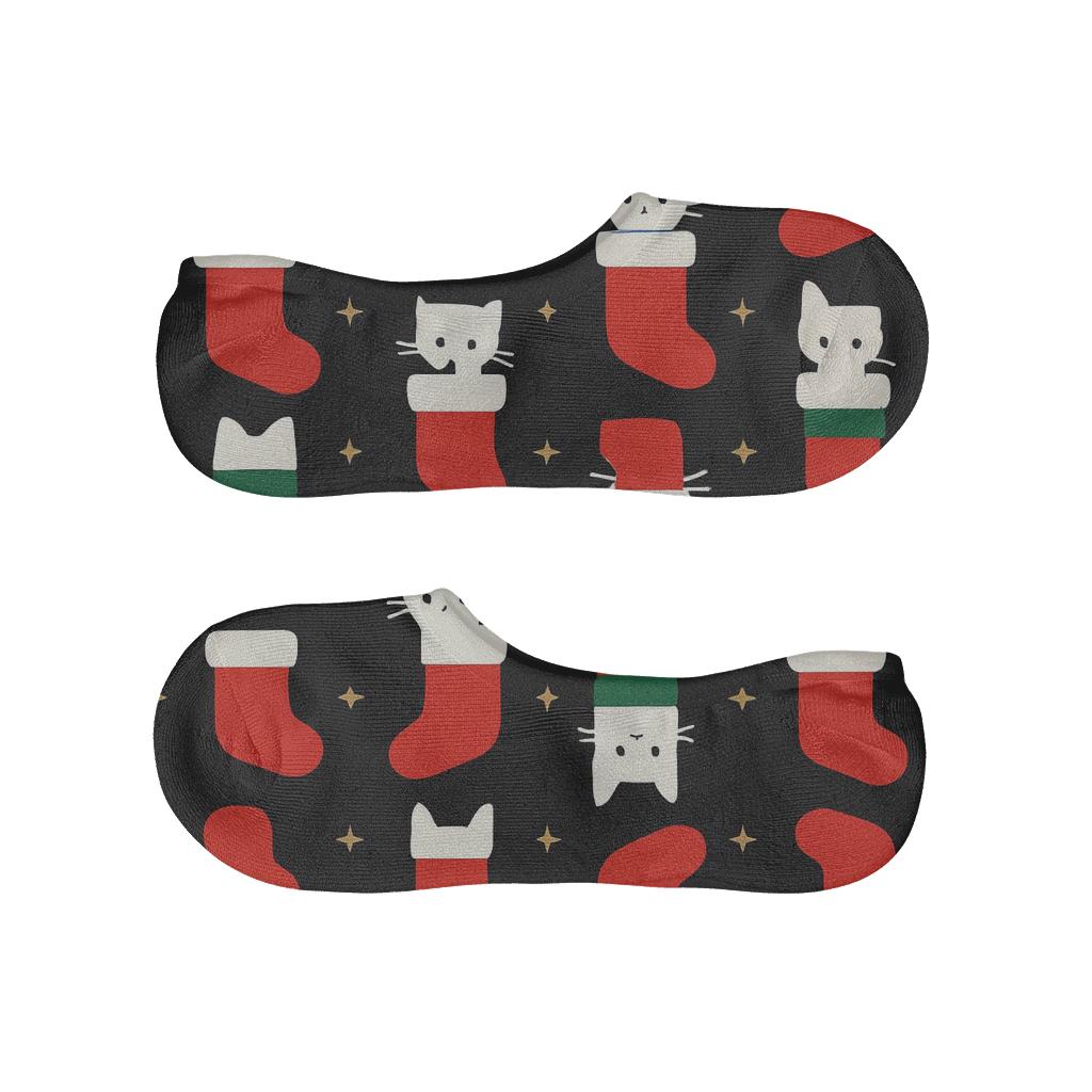 Minimal Cat Stocking Silhouettes Stripe Repeat On Black Background anti-slip no-show socks