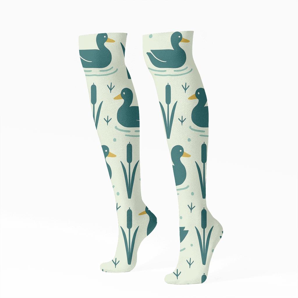 Pond Reed Lattice With Duck Motifs custom knee-high socks