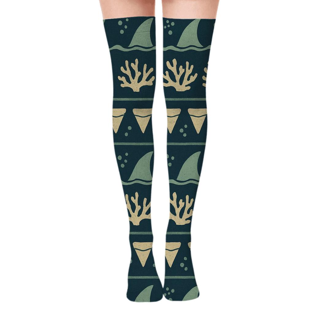 Navy Blue Reef Bands With Shark Fins trendy patterned over-the-knee socks