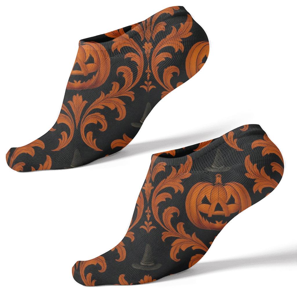 Carved Pumpkin Damask With Witch Hats On Black Background personalized ankle socks