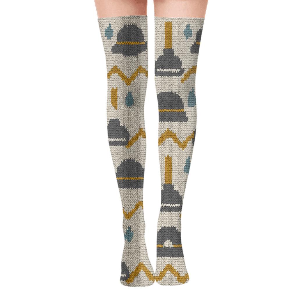 Knitted Illusion Pattern With Plumber Tools soft everyday over-the-knee socks