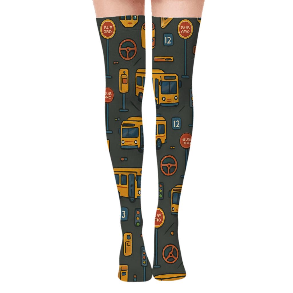 Route Rhythm With Bus Driver Icons stylish fashion over-the-knee socks