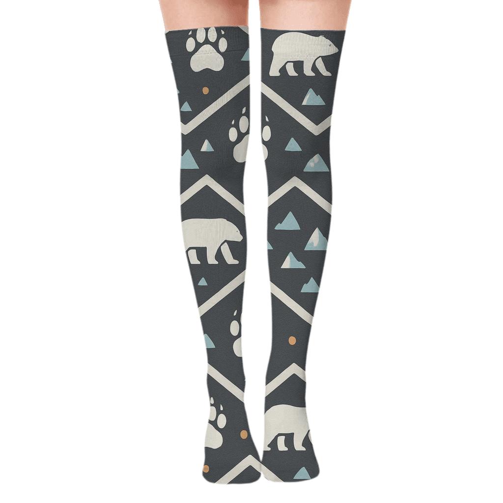 Polar Bear Paw Print Chevron On Charcoal Night personalized over-the-knee socks