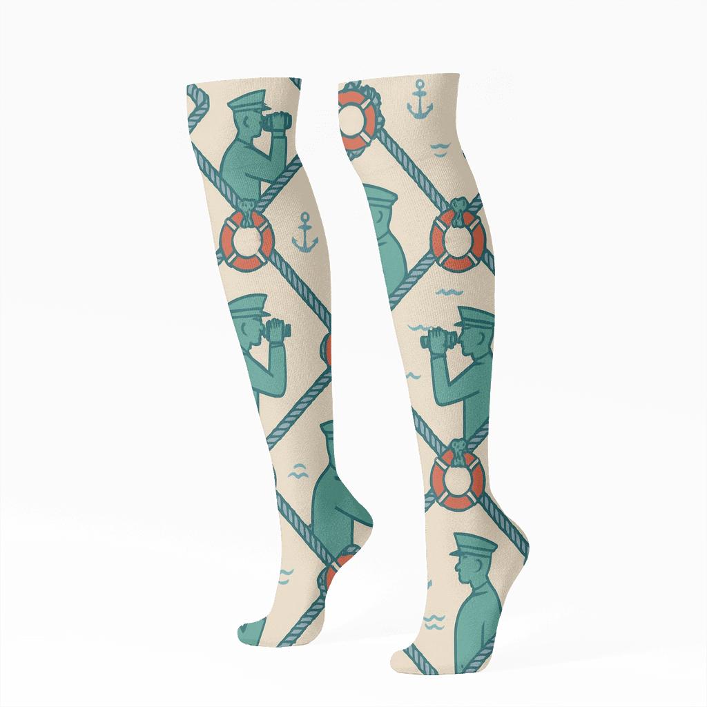 Rescue Rope Lattice With Coast Guard Officer Motifs designer print knee-high socks