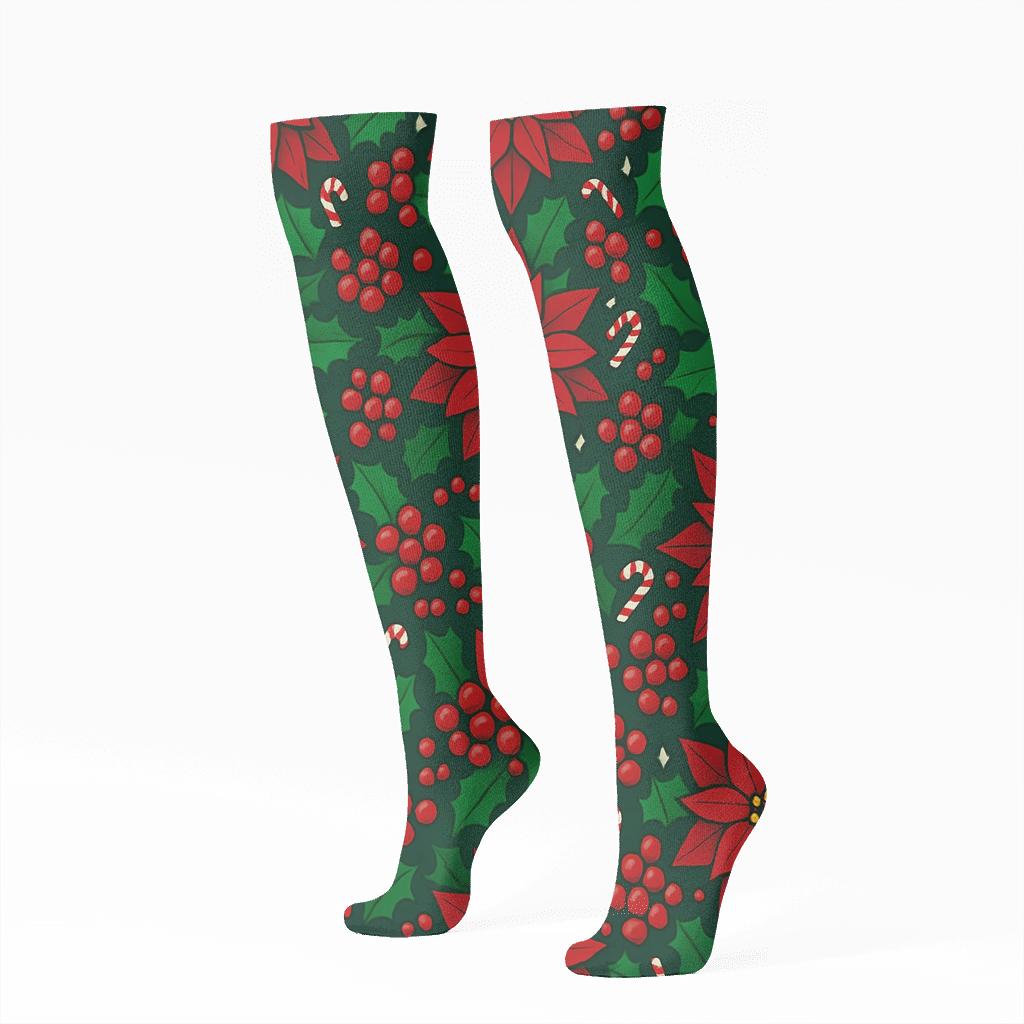 Crimson Poinsettia And Holly Tessellation On Midnight Green Background soft everyday knee-high socks