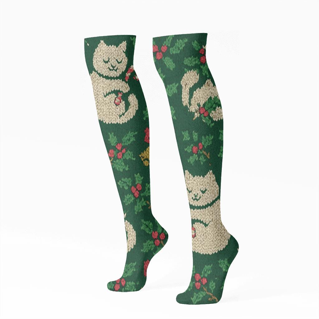Candy Cane Cat Mittens Tiling On Pine Green Background premium sports knee-high socks