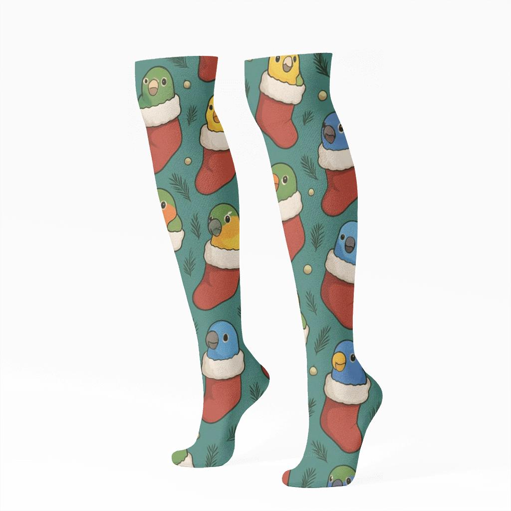 Parrot Stocking Diagonal Array On Teal Background unique graphic knee-high socks