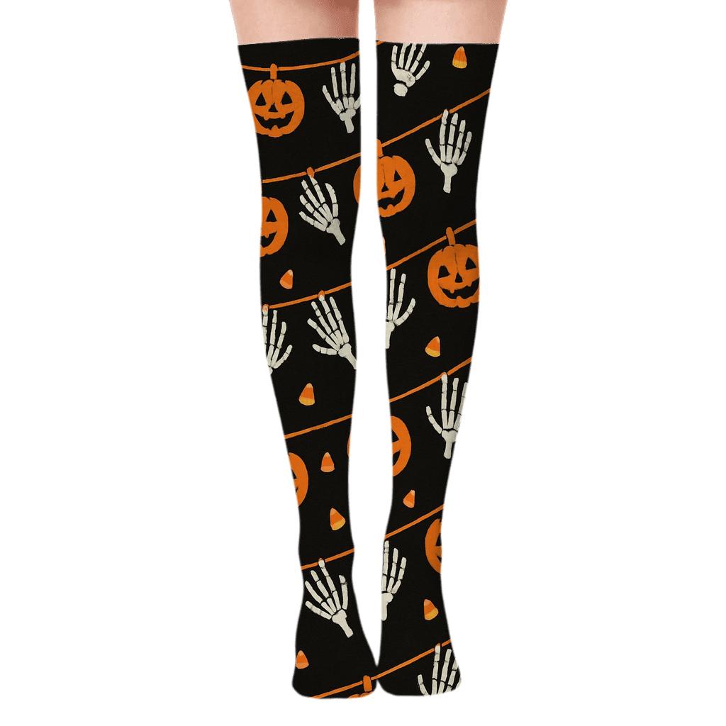 Skeleton Hand And Pumpkin Garland Diagonal On Black Background unique graphic over-the-knee socks
