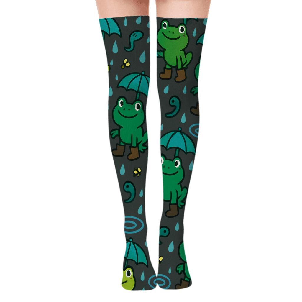 Rain Kissed Frog Umbrella Scatter On Charcoal soft everyday over-the-knee socks