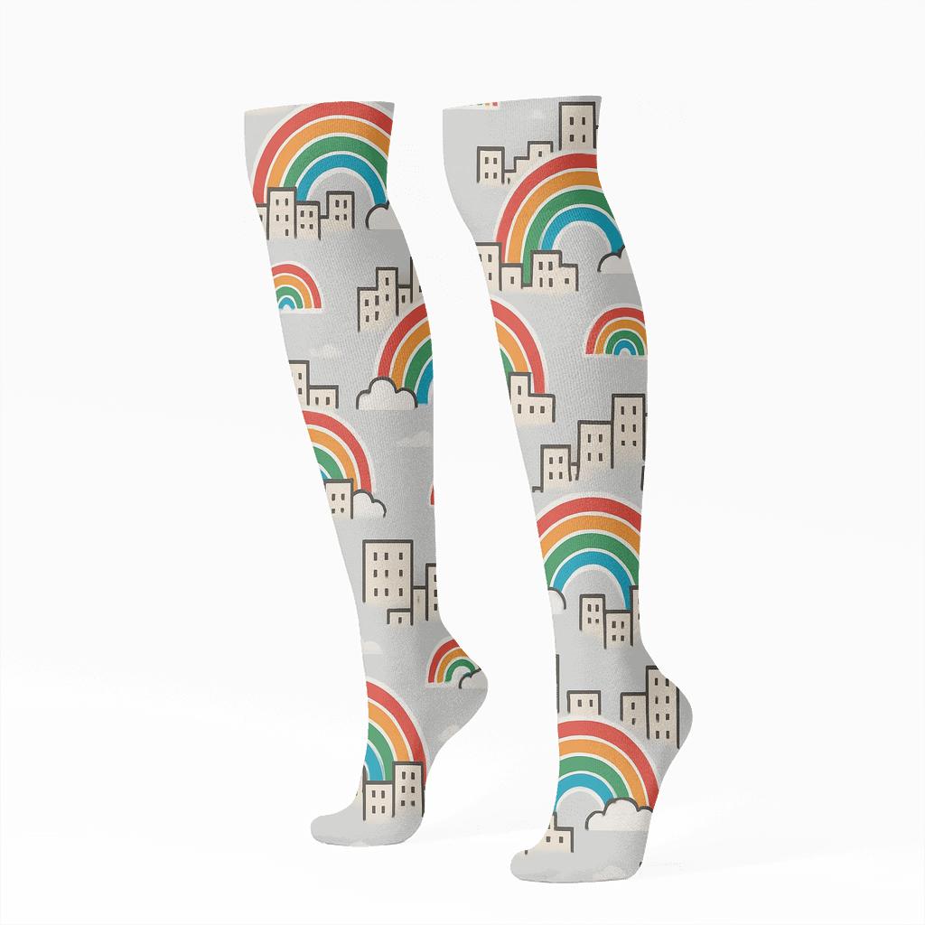Rainbow City Arc Boulevard On Soft Gray Sky comfortable cotton knee-high socks