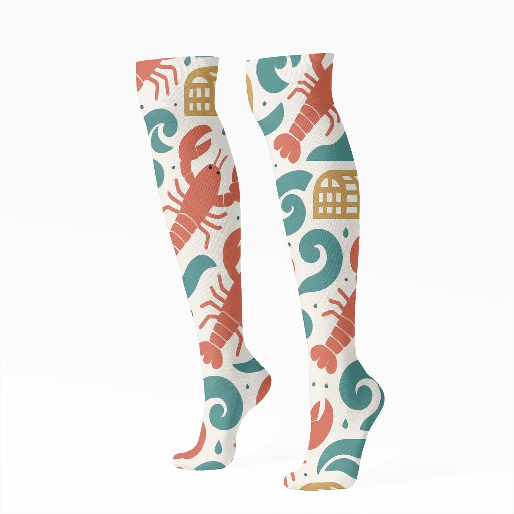 Ocean Wave Lattice With Lobster Silhouettes trendy patterned knee-high socks