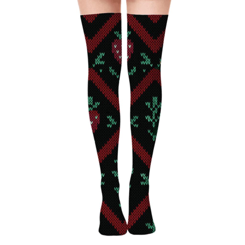 Midnight Strawberry Seed Chevron Knit Illusion personalized over-the-knee socks