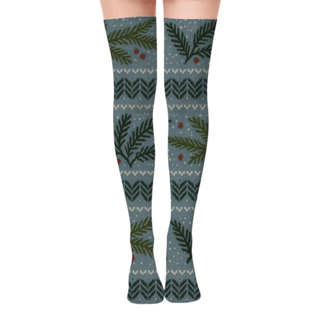 Fir Needle Bands with Evergreen branches Over-the-Knee Socks