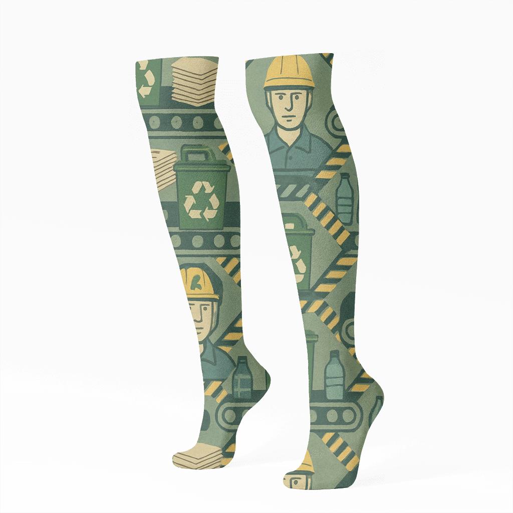 Industrial Collage Pattern With Recycling Plant Worker Rhythm stylish athletic knee-high socks