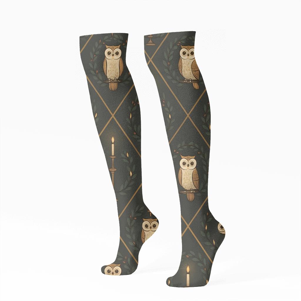 Owl Candlelight Lattice On Charcoal Background custom knee-high socks