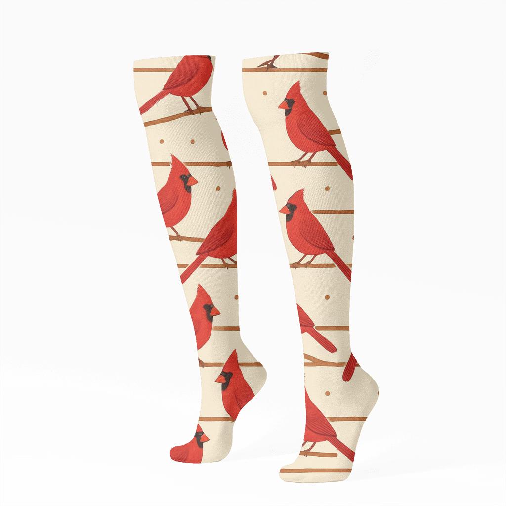 Scarlet Cardinal Branch Bands On Warm Cream Background custom knee-high socks