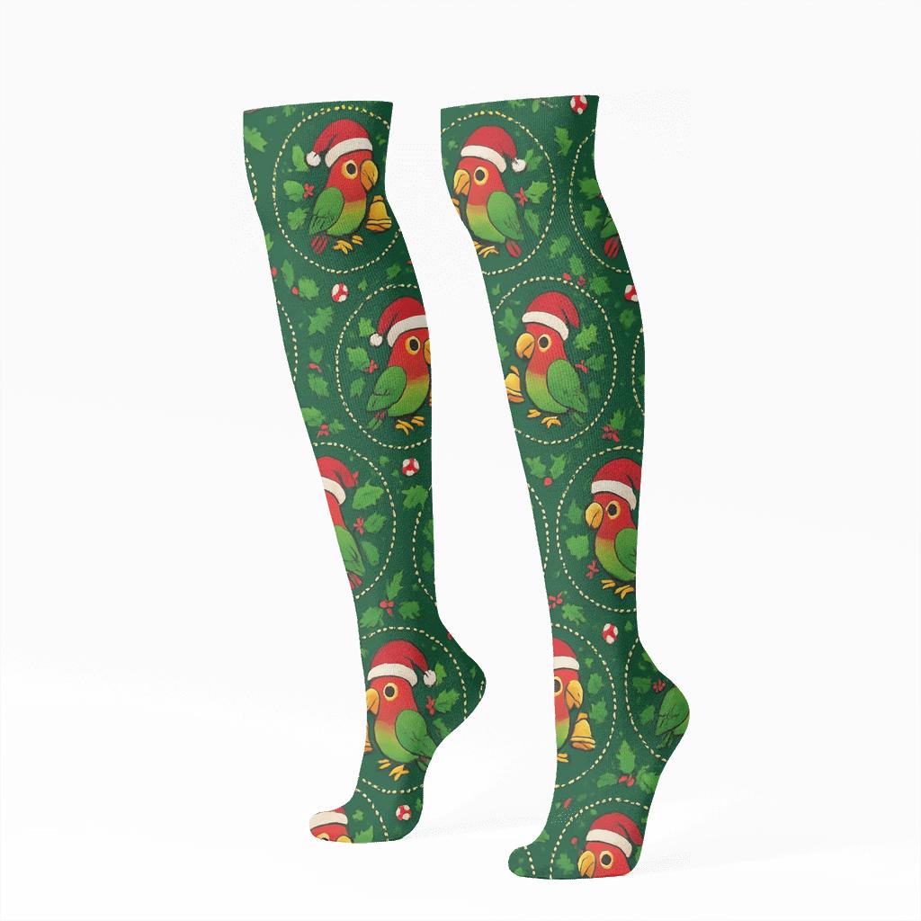 Parrot Santa Hat Medallion Rosettes On Emerald Background stylish athletic knee-high socks