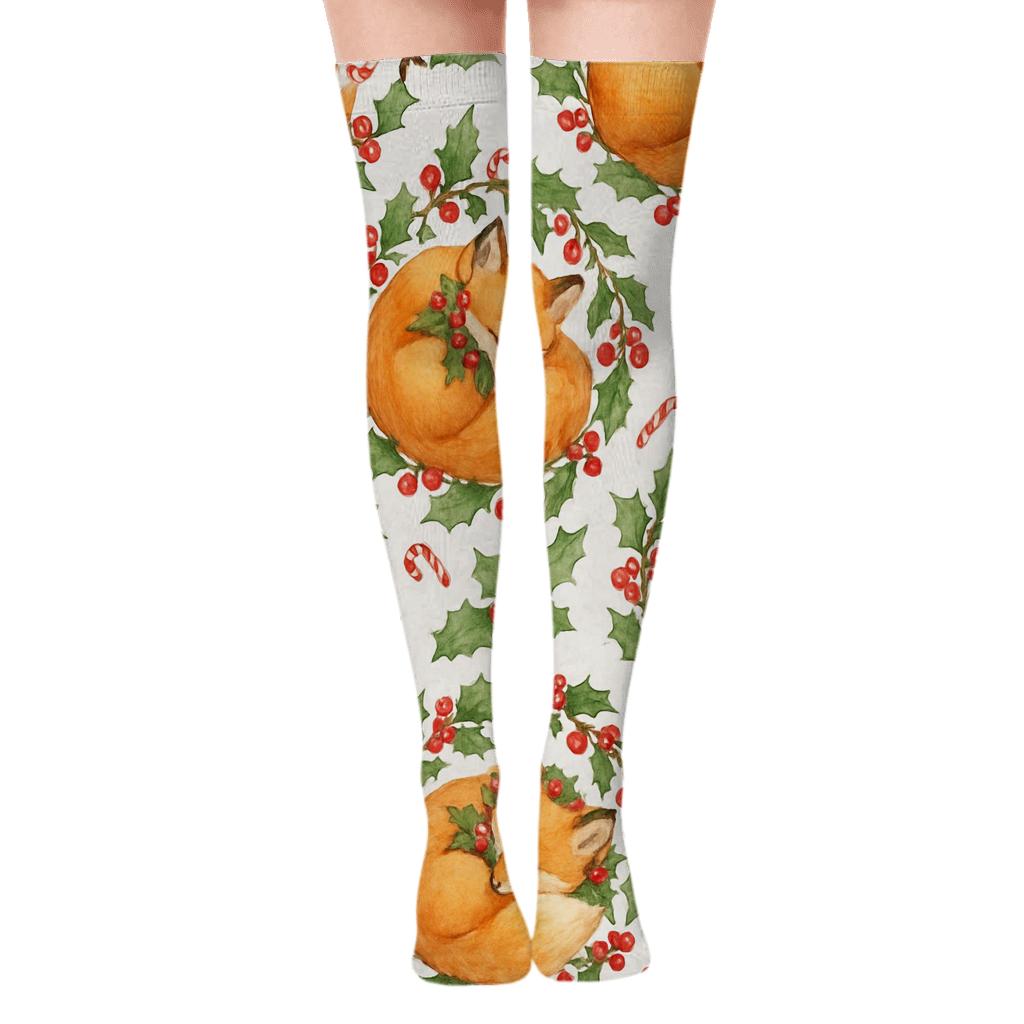 Watercolor Fox Holly Garland Scatter On Snow White Background custom over-the-knee socks