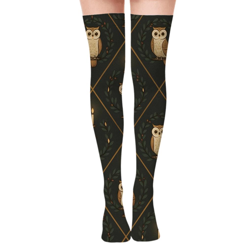 Owl Candlelight Lattice On Charcoal Background stylish fashion over-the-knee socks