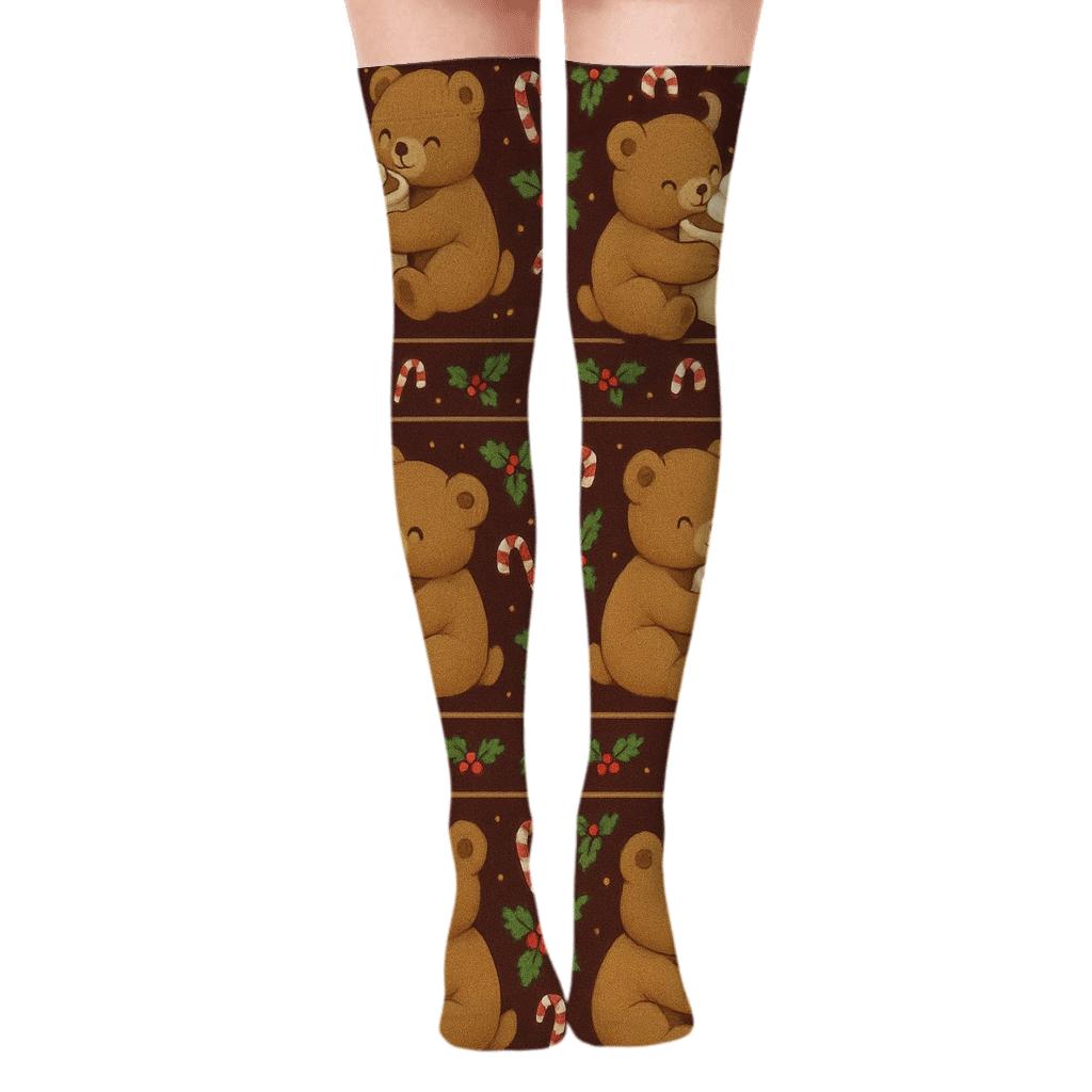 Bear Cocoa Mug Border Bands On Burgundy Background personalized over-the-knee socks