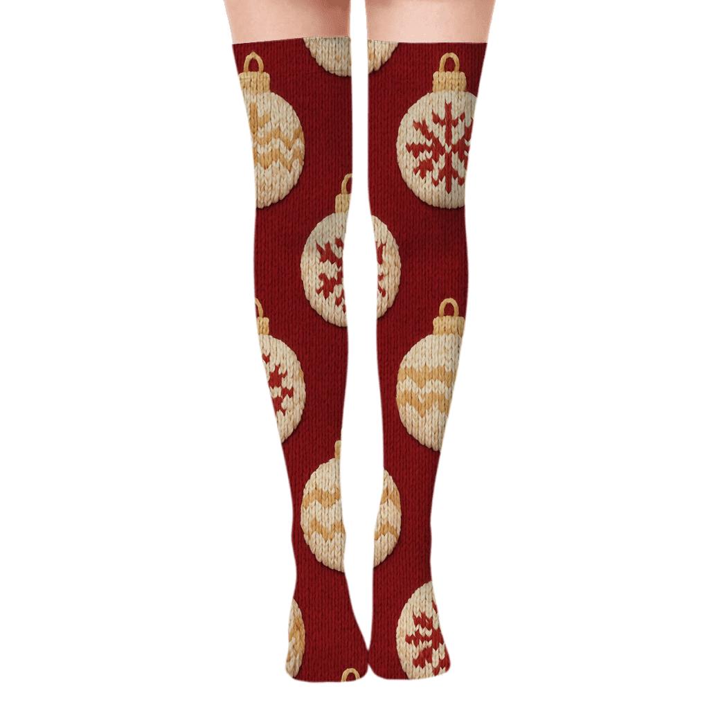 Knitted Illusion Xmas Ornament Grid On Cranberry personalized over-the-knee socks