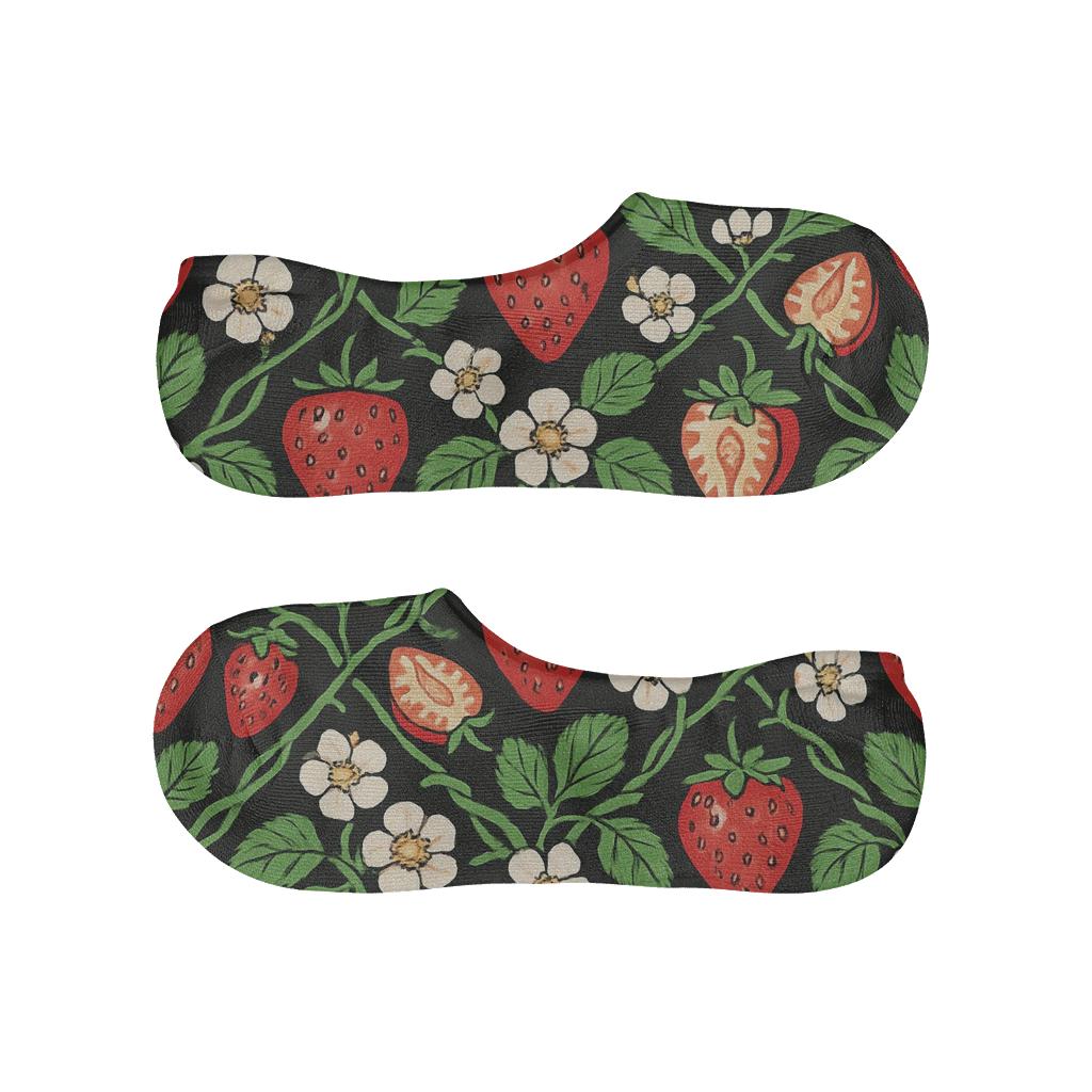 Midnight Strawberry Field Lattice On Black Background soft cotton no-show socks