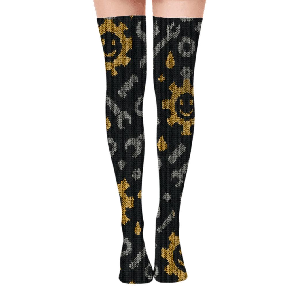 Mechanic Knitted Gear Garden Pattern premium cozy over-the-knee socks