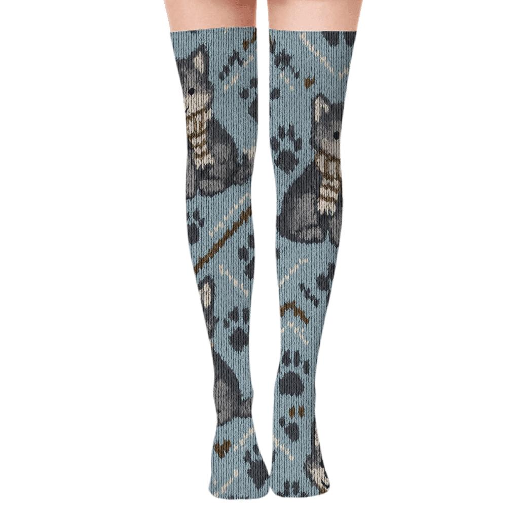 Knitted Snow Play Pattern With Gray Wolf custom over-the-knee socks