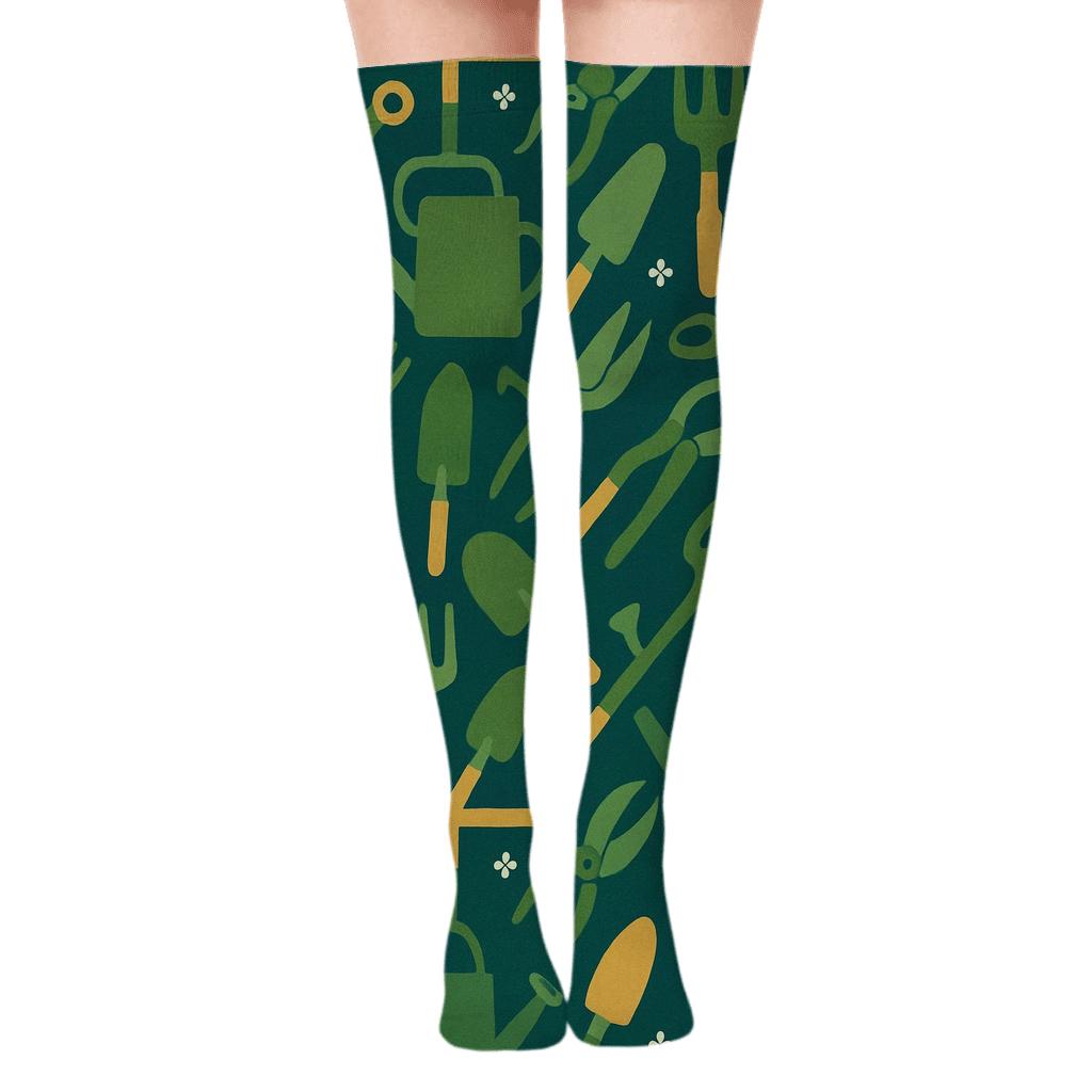 Landscaper Tool Silhouette Lattice On Deep Teal designer print over-the-knee socks