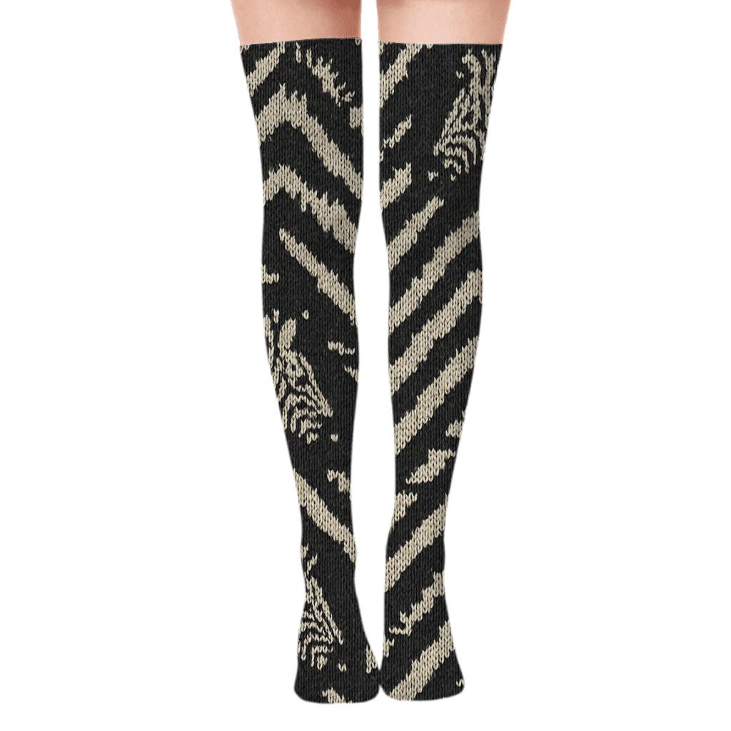 Knitted Zebra Chevron Fragments On Charcoal unique graphic over-the-knee socks