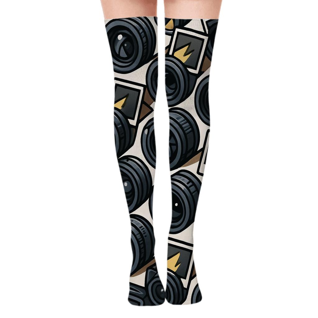 Camera Lens Chevron Photographer Collage premium cozy over-the-knee socks