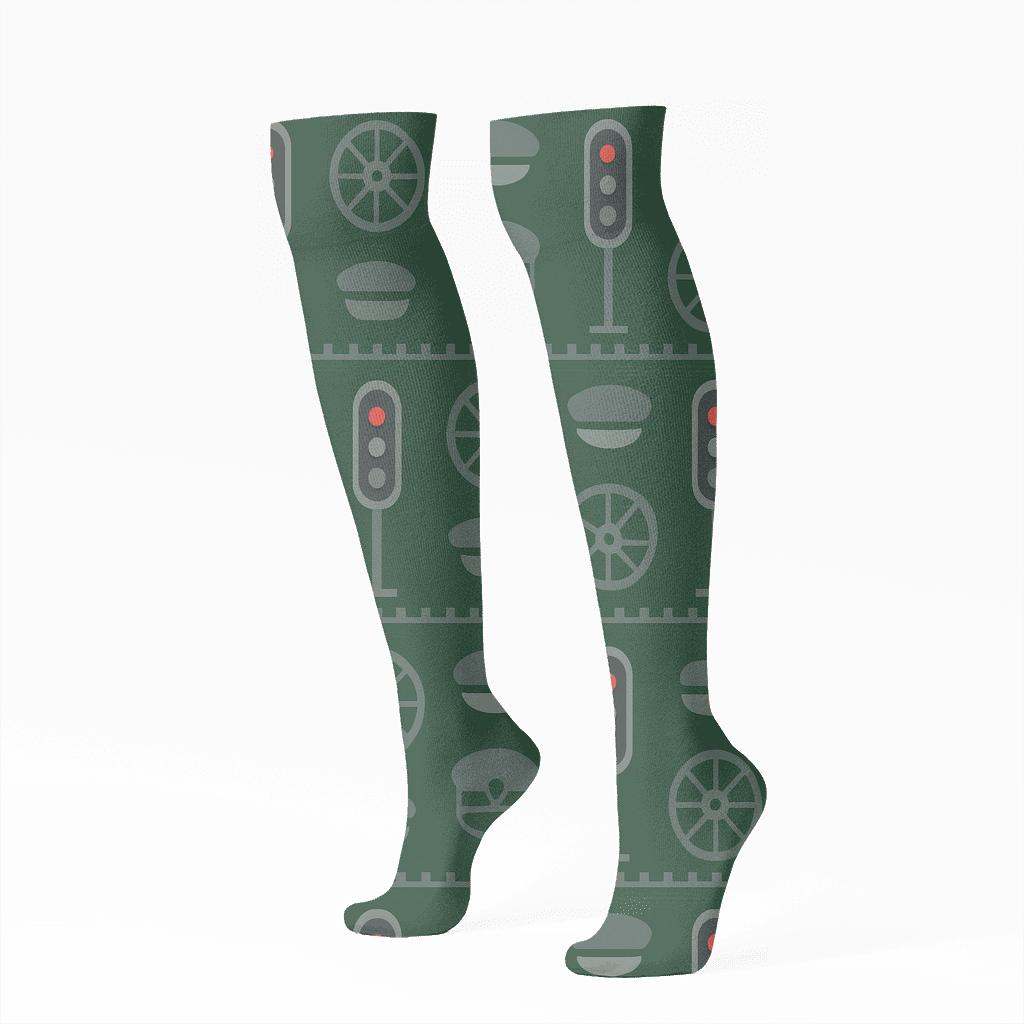 Railway Green Signal Grid Train Conductor trendy patterned knee-high socks