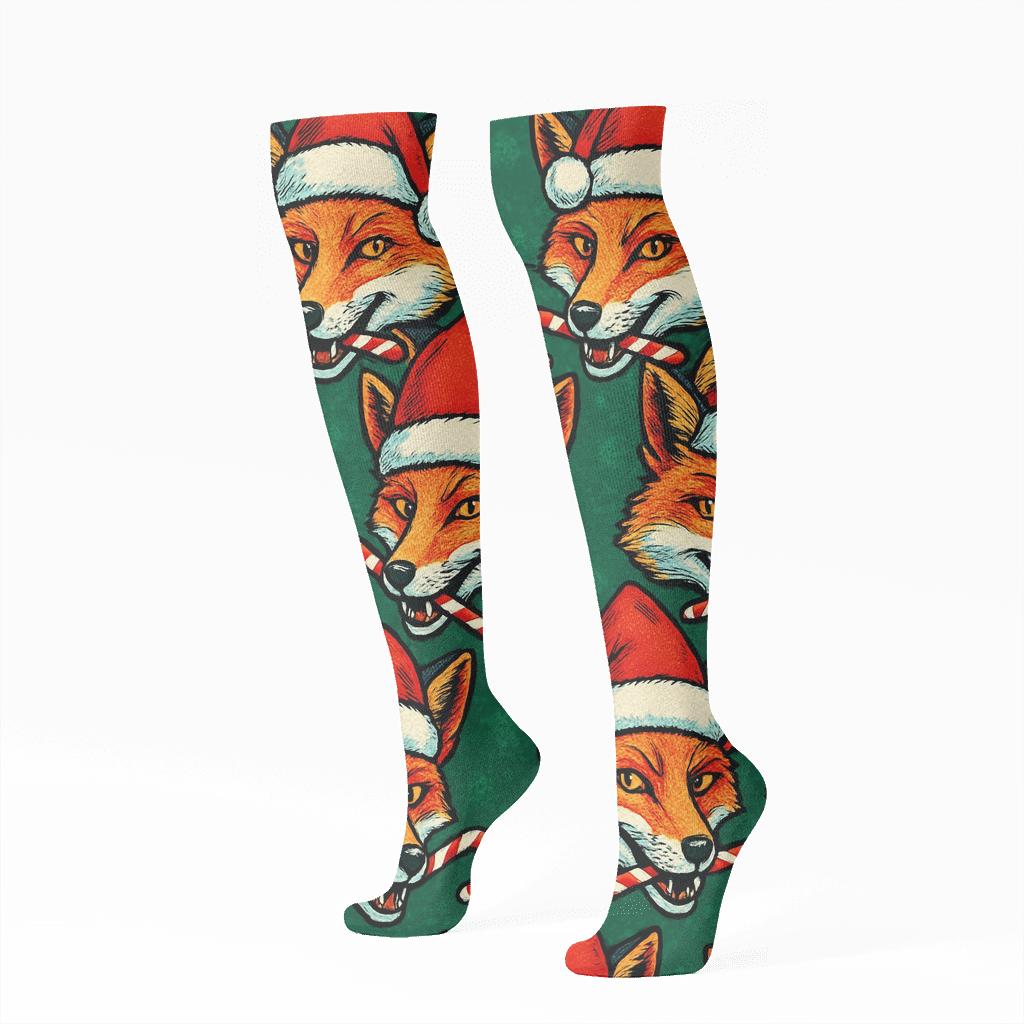 Candy Cane Fox Chevron On Pine Green Background soft everyday knee-high socks