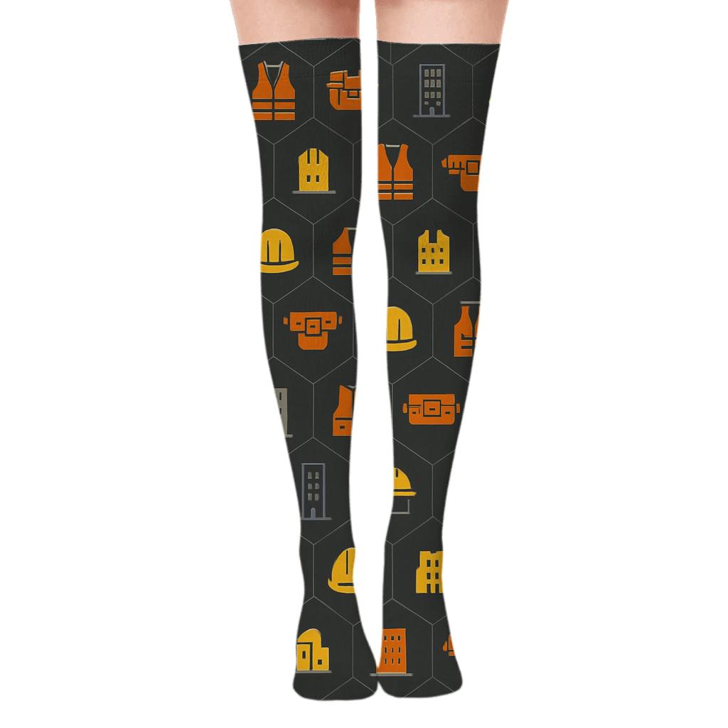 Construction Worker Hard Hat Lattice On Industrial Charcoal comfortable cotton over-the-knee socks
