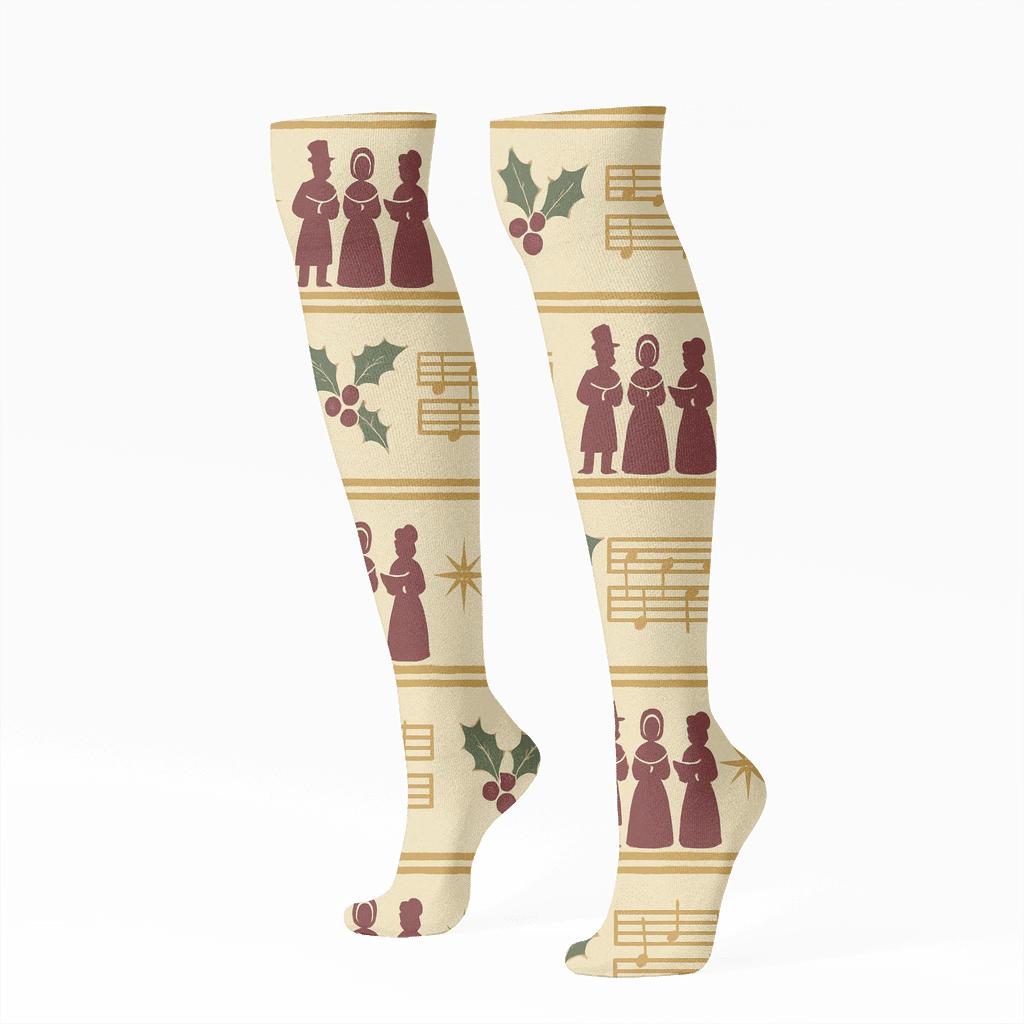 Vintage Poster Christmas Caroler Stripe Bands designer print knee-high socks