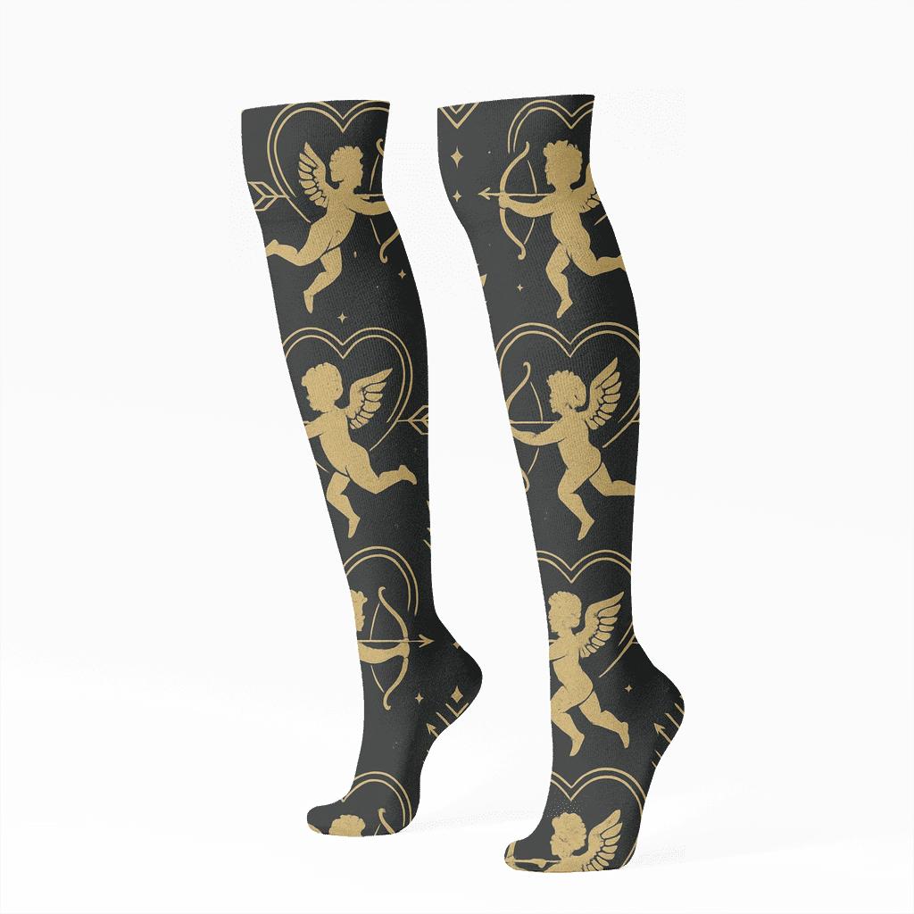 Midnight Deco Poster Pattern With Valentines Cupid Silhouette designer print knee-high socks