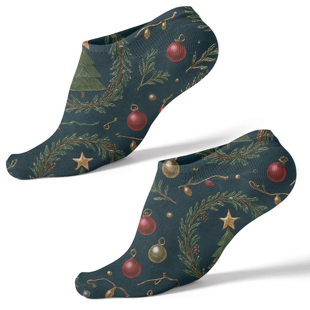 Midnight Blue Collage With Christmas Tree Ornament Medallions soft everyday ankle socks