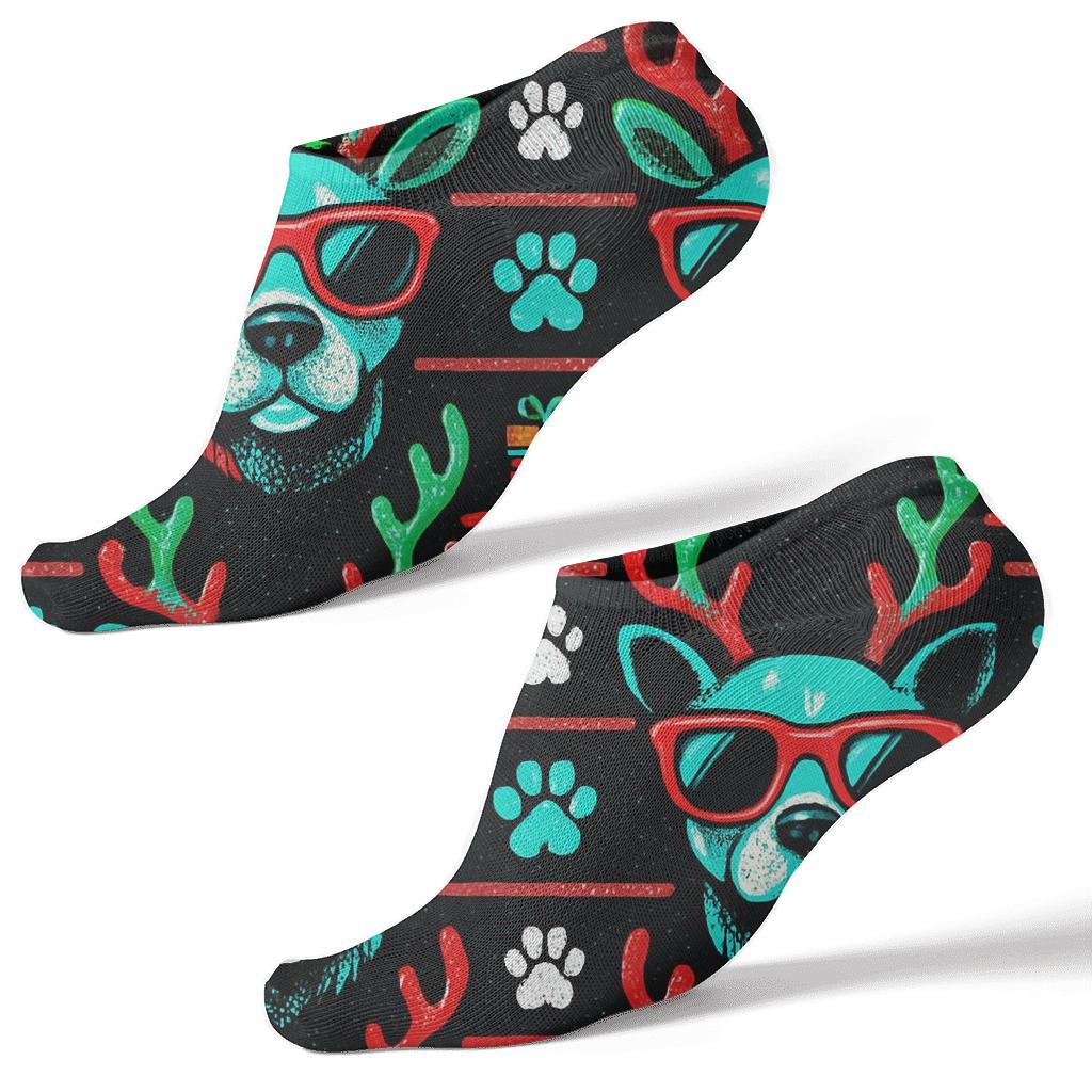 Neon Pop Art Reindeer Dogs Stripe Repeat On Black Background stylish athletic ankle socks