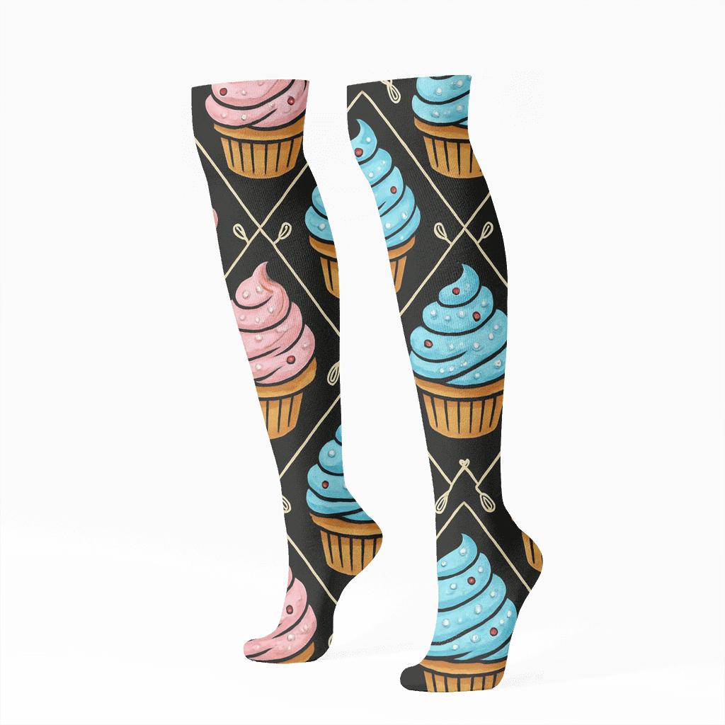 Cupcake Lattice Grid In Baker Style comfortable cotton knee-high socks