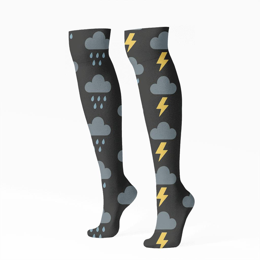 Clouds-Pattern Storm Bolt Checker designer print knee-high socks