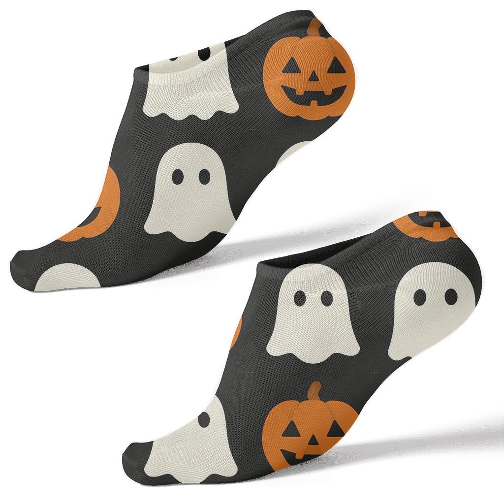 Orange Ghost And Pumpkin Alternating Grid On Black Background unique graphic ankle socks
