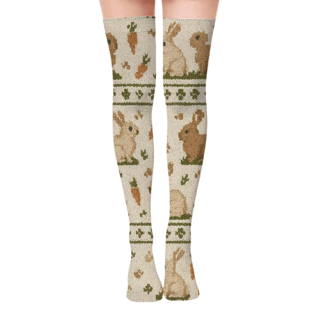 Woven Meadow Rabbit Knit Illusion Pattern unique graphic over-the-knee socks