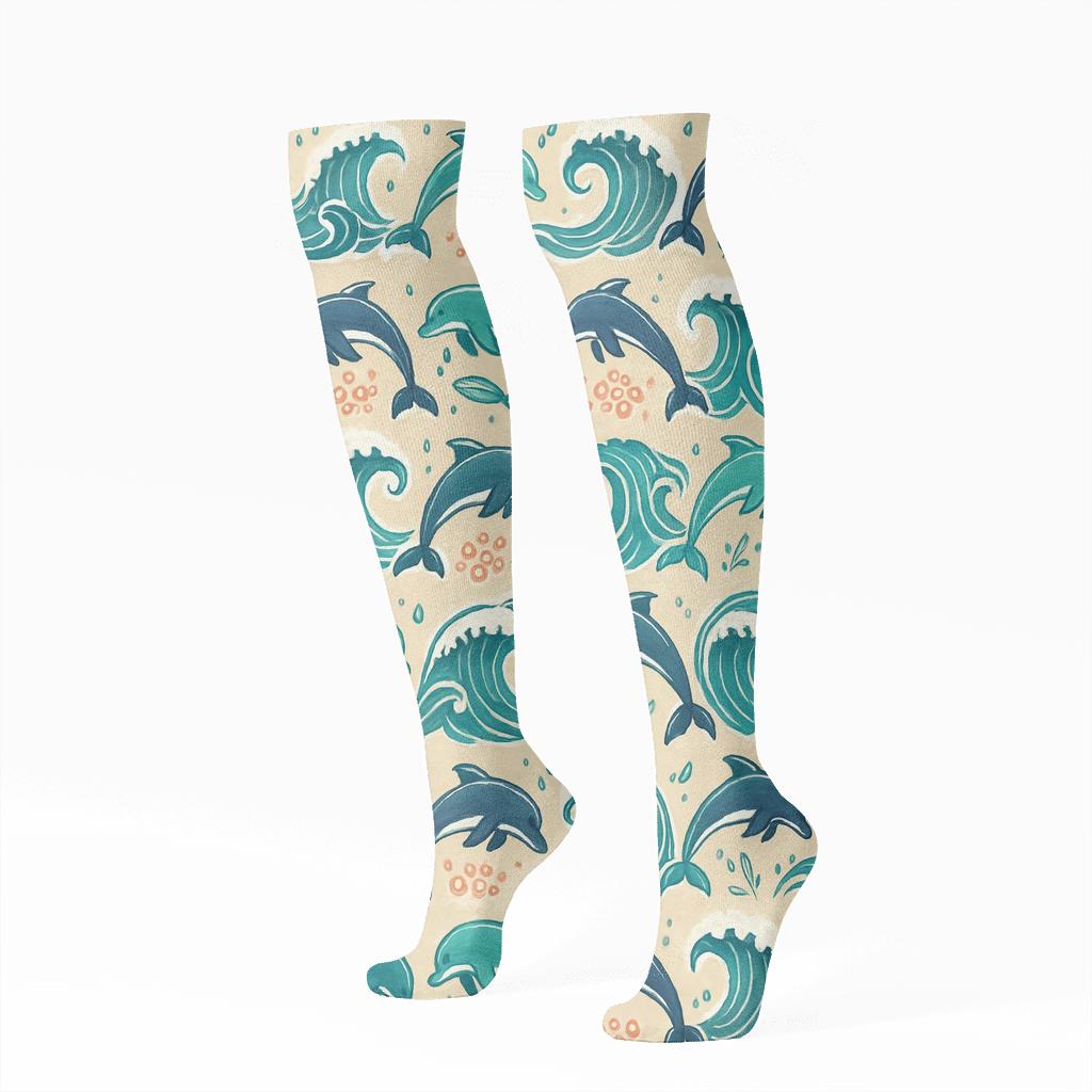 Waveband Dolphin Tapestry Print comfortable cotton knee-high socks