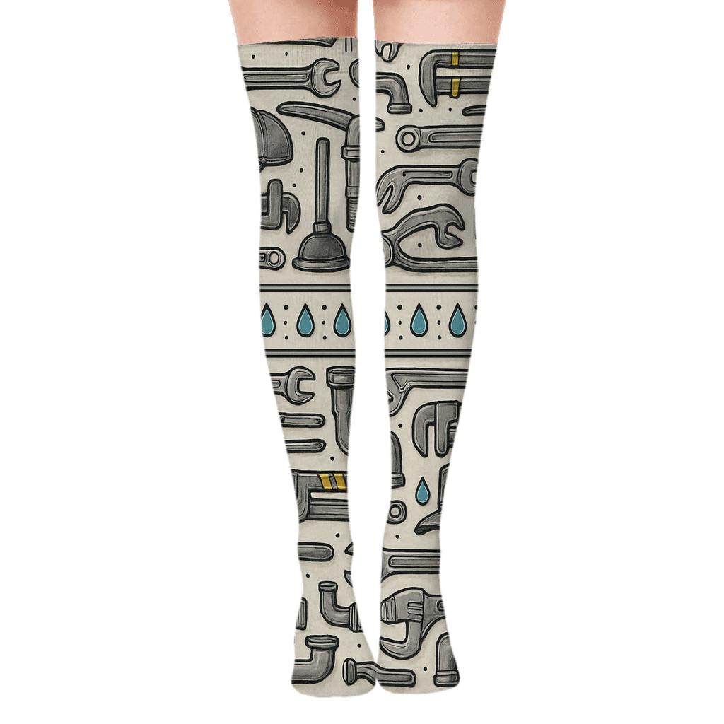 Tool Collage Pattern Bands With Plumber Motifs comfortable cotton over-the-knee socks