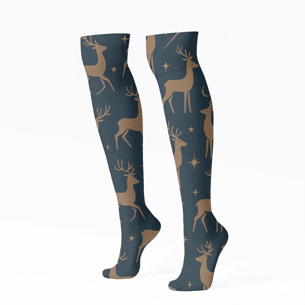 Midnight Blue Reindeer Silhouettes, Rudolph Edition unique graphic knee-high socks